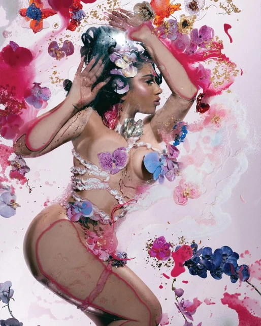 Artistic image of a woman adorned with flowers in a painted style, set against a light background, showcasing a blend of organic and digital elements.