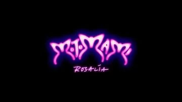 Purple neon MAMAMOO logo and Rosalía text on a black backdrop, providing a striking and luminous visual effect against the dark background.