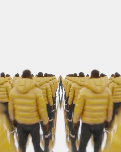 Numerous figures in yellow hooded jackets stand in rows on a reflective surface against a bright white background, creating a symmetrical visual.
