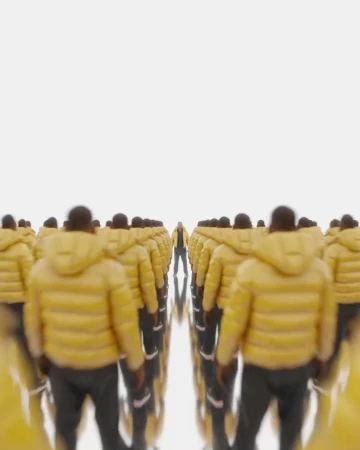 Numerous figures in yellow hooded jackets stand in rows on a reflective surface against a bright white background, creating a symmetrical visual.