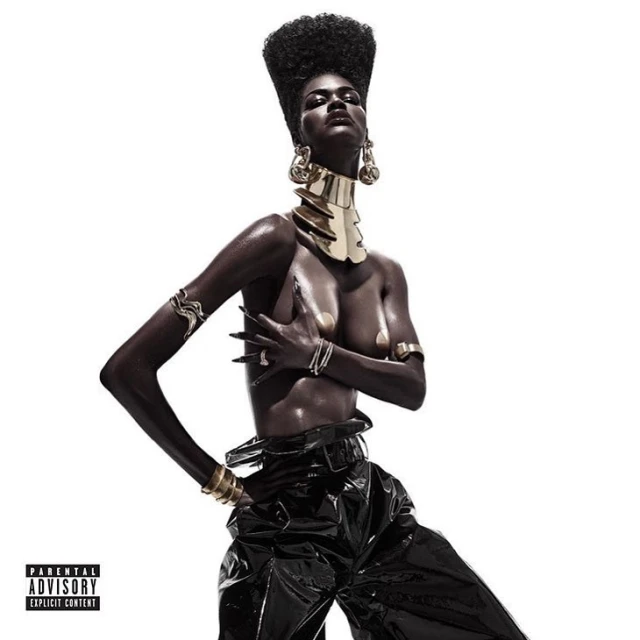 Striking portrait of a dark-skinned female model with an afro wearing gold jewelry, a patent leather outfit, and posing against white.