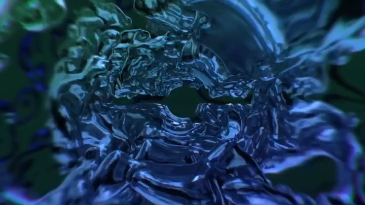 Abstract 3D animation with shiny, reflective fluid surface in shades of blue, teal, and black. Visual effects for advertising or design.