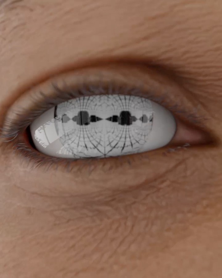 Close-up of a human eye with intricate black-and-white geometric patterns reflected in the iris, creating an unusual, digital appearance.