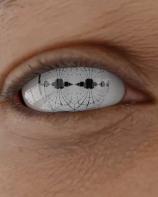 Close-up of a human eye with intricate black-and-white geometric patterns reflected in the iris, creating an unusual, digital appearance.