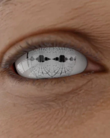 Close-up of a human eye with intricate black-and-white geometric patterns reflected in the iris, creating an unusual, digital appearance.