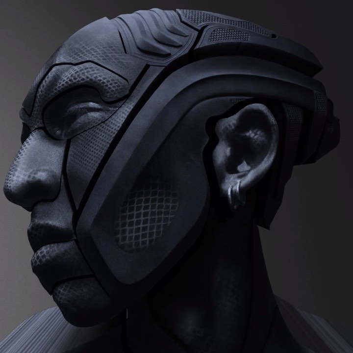 Close-up profile of an abstract dark gray human head with intricate designs, possibly AI-generated, set against a neutral background.