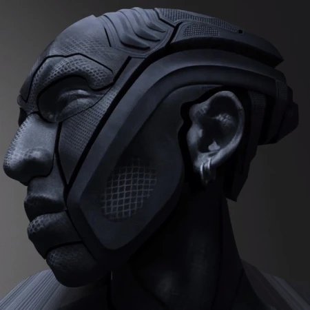 Close-up profile of an abstract dark gray human head with intricate designs, possibly AI-generated, set against a neutral background.