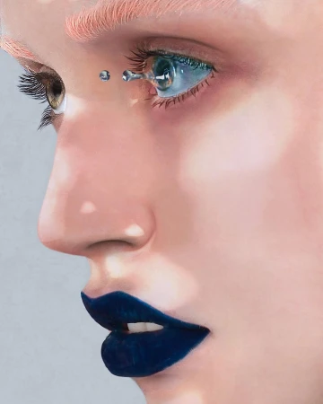 Close-up of a woman's face featuring light skin, blue lips, and a cosmetic teardrop design around the eye in a surreal beauty portrait.