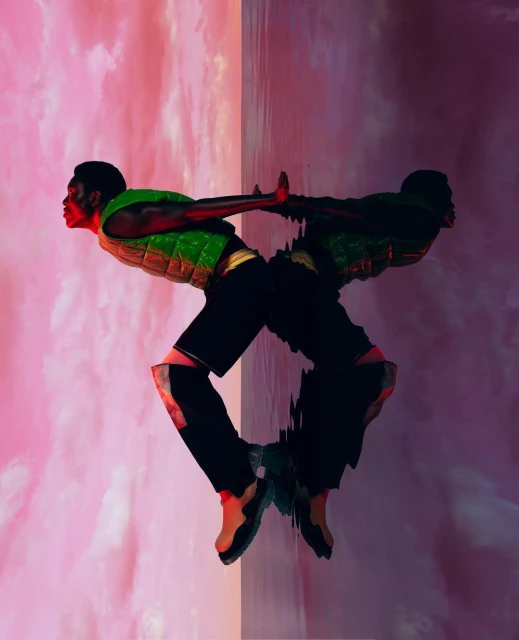 Athletic African American man balances with hand against wall and its reflection; wearing green vest, black shorts, and red-toned athletic shoes.