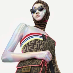 Model wearing branded balaclava and sunglasses with iridescent skin tones against white seamless studio backdrop