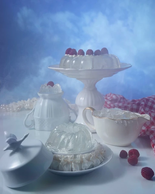 Still life of clear gelatin desserts with raspberries on a white table against a cloudy blue backdrop with various white serving dishes.