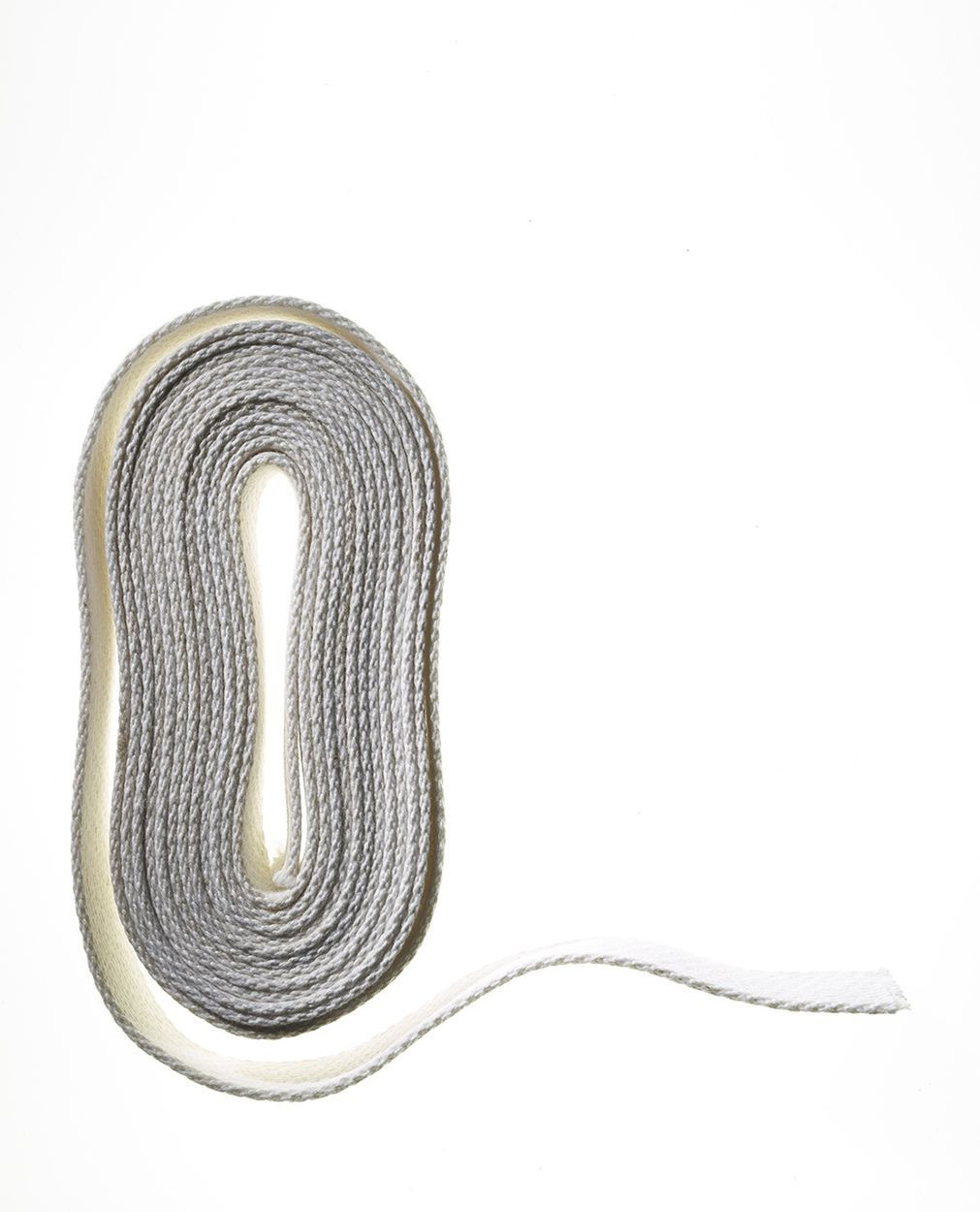 Coiled grey and white shoelace on a white backdrop, showcasing its texture and form with minimalistic and clean composition.