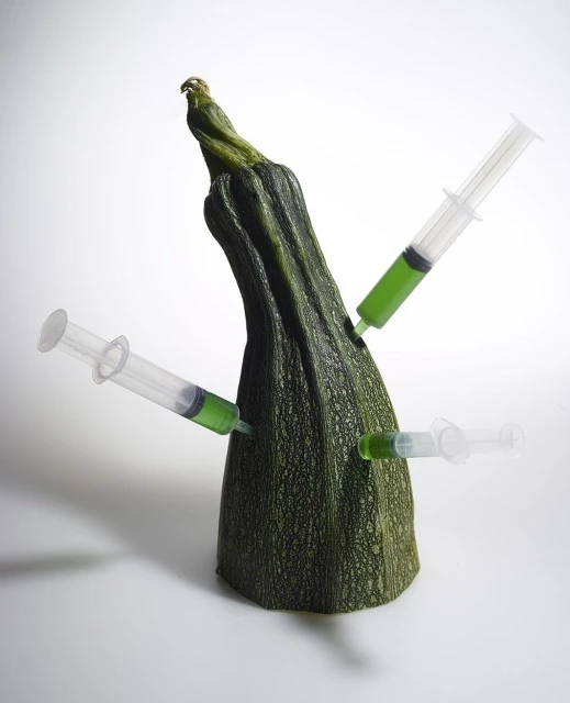 Close-up still life of green zucchini squash with three hypodermic needles injecting it with green liquid, shot in a photo studio.