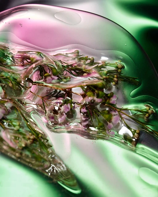 Close-up of small purple flowers and green leaves encased in clear gel, illuminated by studio lighting against a green background.