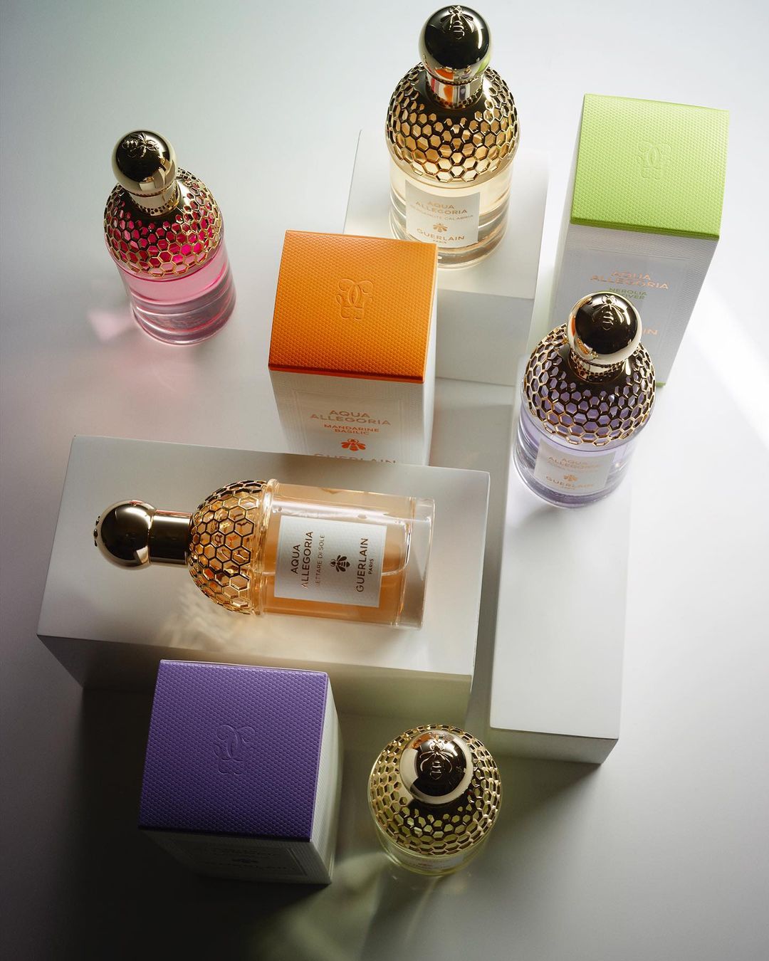 Several colorful glass perfume bottles with gold caps arranged on white geometric blocks against a soft studio background, product photography.