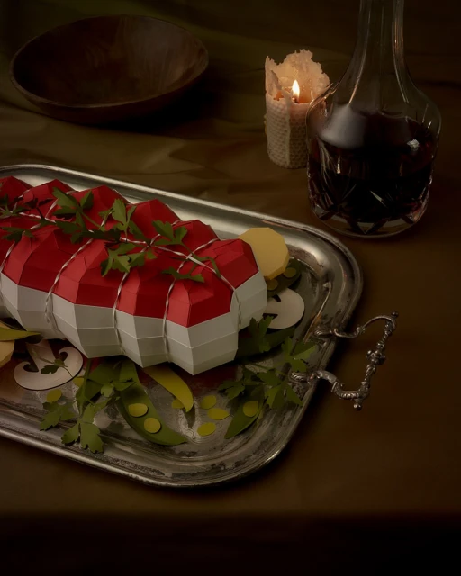 Stylized food photography featuring a papercraft roast garnished with herbs and vegetables, presented on a silver platter with wine.