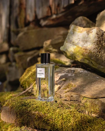 Still life shot of a Chanel 1957 perfume bottle on mossy rocks in natural light, capturing a blend of beauty and nature.