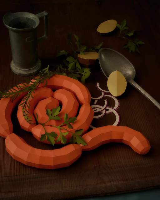 Paper art still life with geometrically rendered sausages, pewter mug, spoon, potatoes, and parsley on a wooden surface. Food illustration.