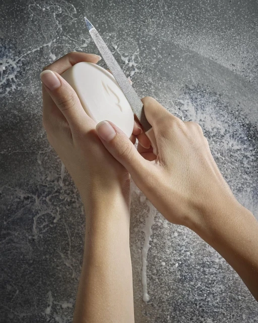 Close-up of a person filing a bar of soap with a metal file, creating shavings against a dark gray marbled background with drips.