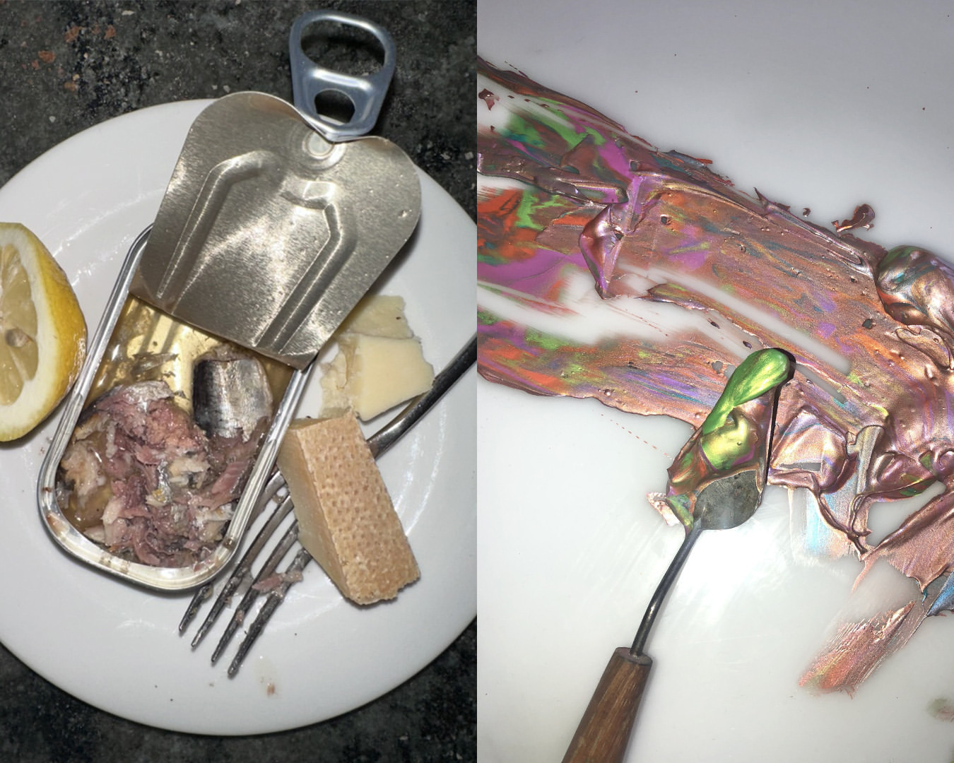 Still life photograph featuring an open sardine can, lemon slice, cheese, fork on a plate, juxtaposed with smears of iridescent paint.