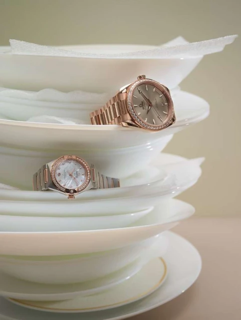 Two rose gold wristwatches are staged on a stack of white plates, emphasizing luxury and unique product placement against a neutral background.