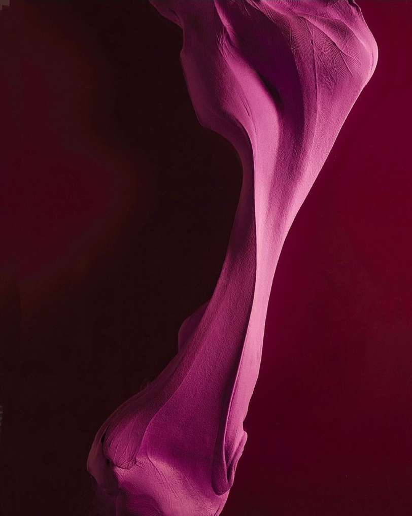 Abstract macro studio shot of flowing fuchsia fabric against dark red background, creating dynamic, elegant curves and folds.