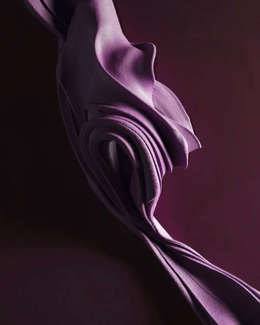 Abstract purple fabric flows against a dark background, creating elegant curves and textures in a visually striking composition.
