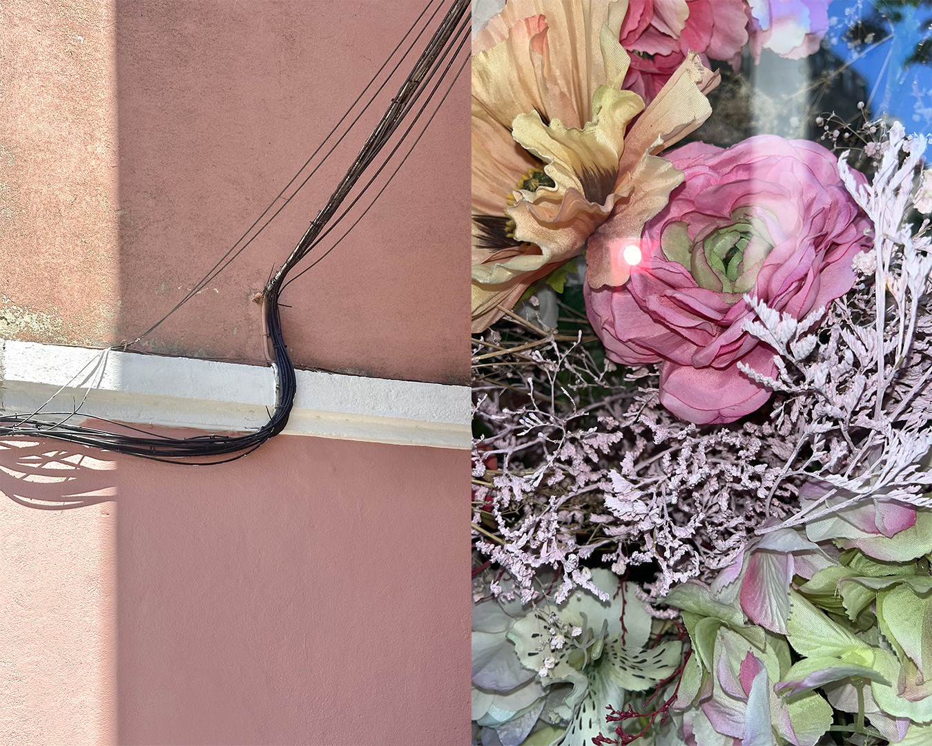 Artistic still life featuring a pink wall, exposed black cables, and a vibrant bouquet with pink, yellow, and green flowers.