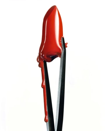Close-up studio shot of bright red lipstick dripping and held by metal tweezers against a clean white background, dramatic beauty.
