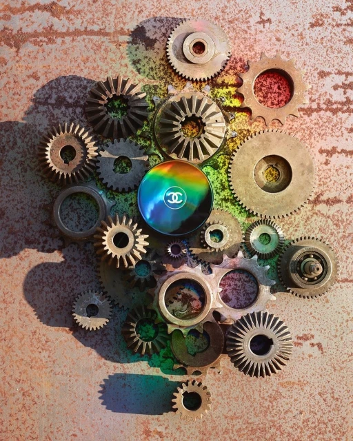 Overhead shot of Chanel compact surrounded by metal gears on rusted metal background featuring rainbow prism light and texture.