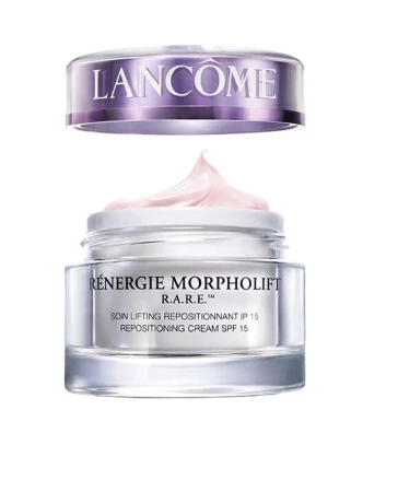 Lancôme RARE cream: Re-Energie Morpho Lift Soin Lifting Repositionnant IP 15, shown with the lid off and a portion of cream on top.