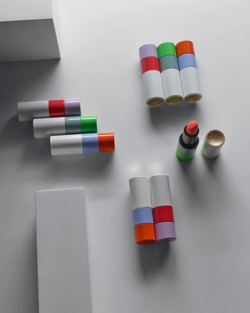 Product shot of stacked and arranged lipstick tubes in a variety of colors and finishes on a white surface with architectural elements.