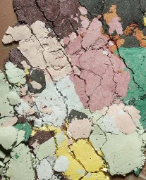 Macro view of cracked pastel and earth-toned cosmetic powder cakes showing dry chalky textures in various colors