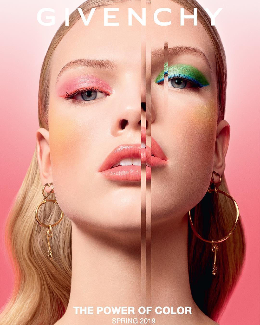 Blonde woman in a beauty shot showcases colorful eyeshadow and makeup against a pink background for a Givenchy cosmetic advertisement.