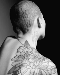 Close-up portrait of a person with a shaved head and tattoos on neck, back, and scalp in black and white photography