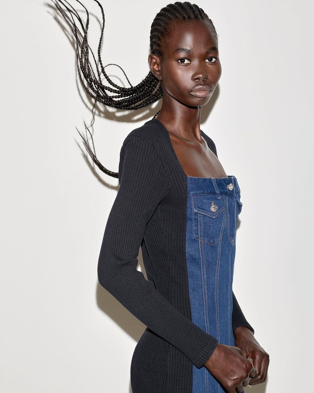 Portrait of a Black woman in a half-denim, half-knit dress posing against a white background, her braided hair windswept.