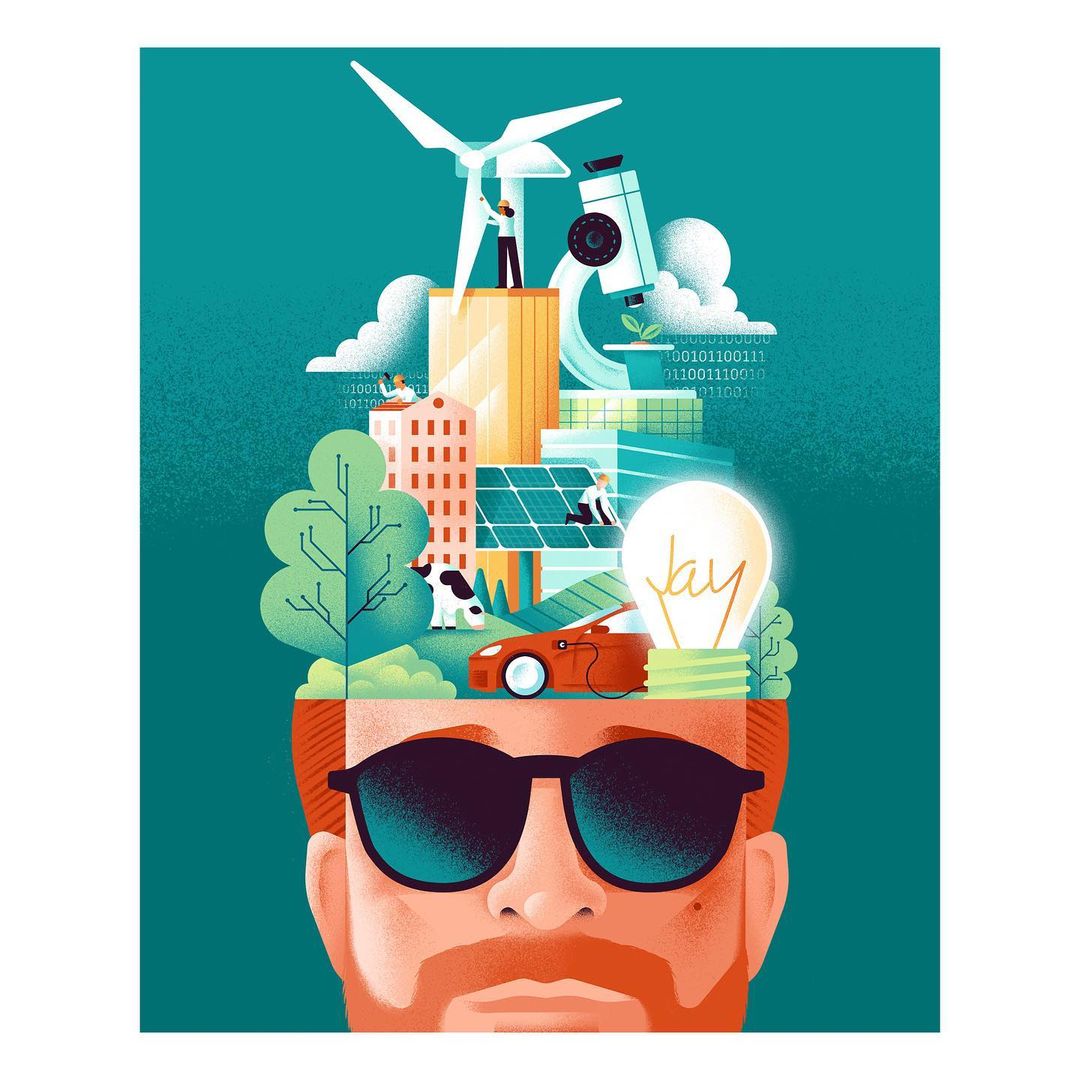 Illustration of a person wearing glasses with an idea-filled mind, including a wind turbine, buildings, and a microscope.
