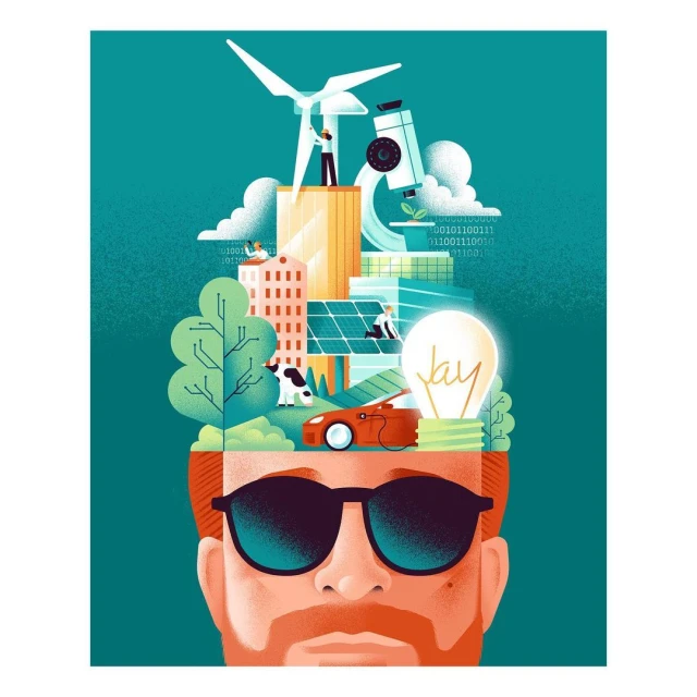 Illustration of a person wearing glasses with an idea-filled mind, including a wind turbine, buildings, and a microscope.