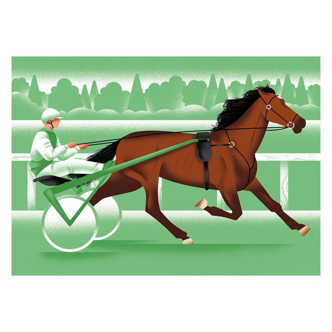 Illustration of a brown trotter horse in harness racing, led by a jockey in white attire, against a green backdrop.
