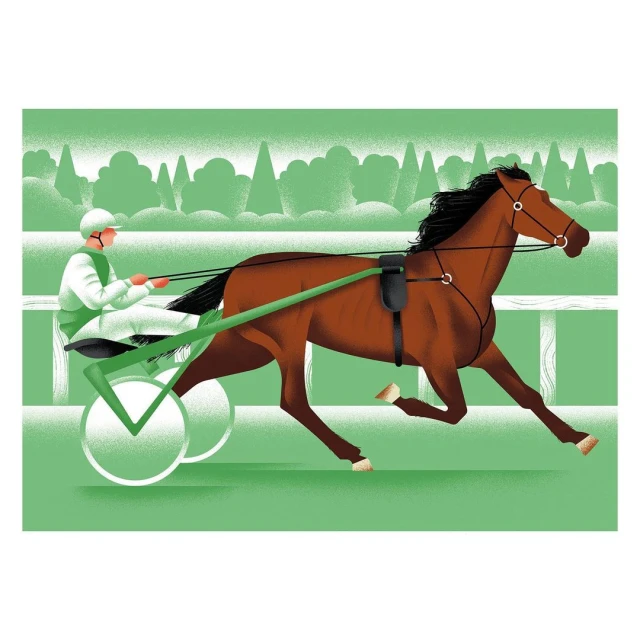 Illustration of a brown trotter horse in harness racing, led by a jockey in white attire, against a green backdrop.