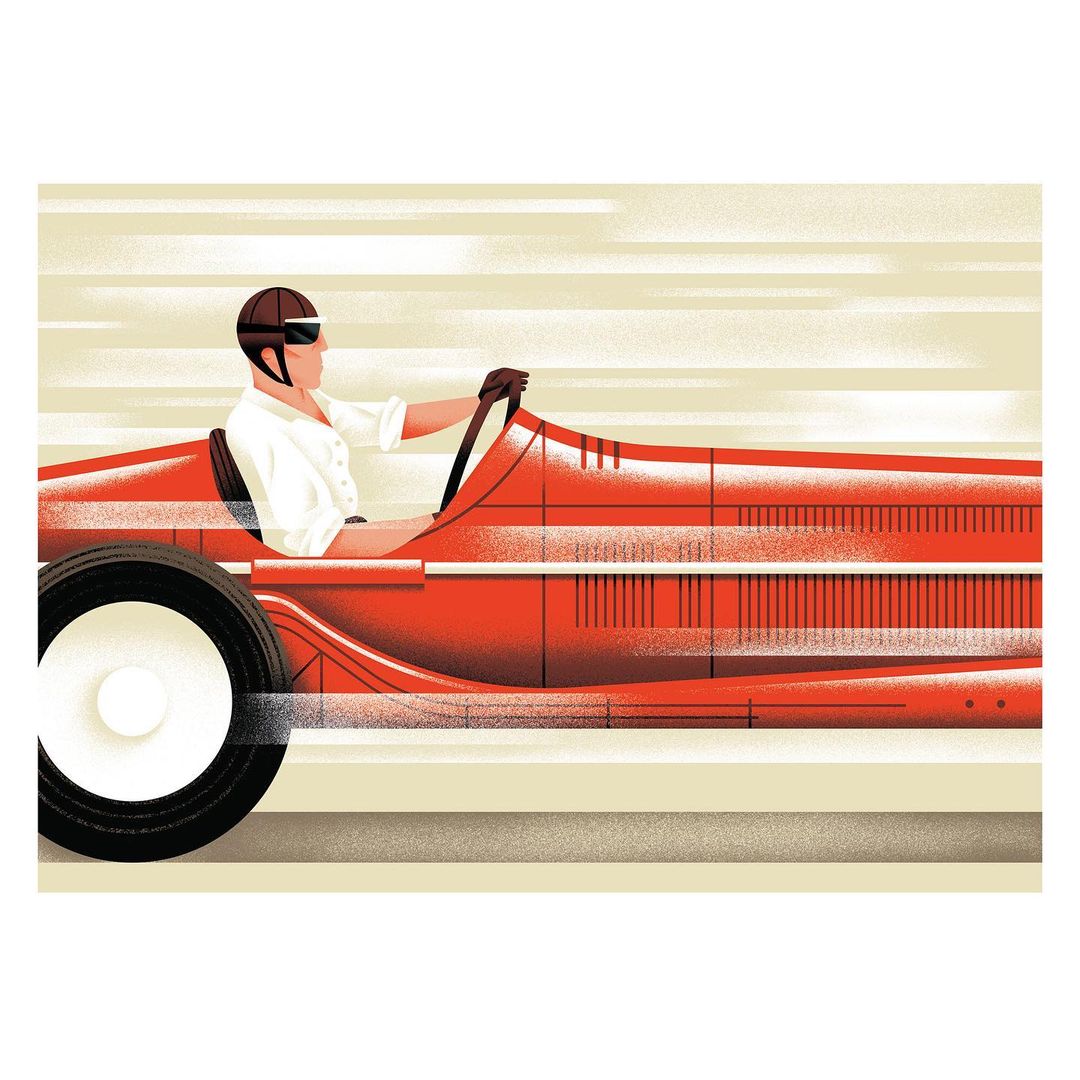 Illustration of a race car driven by a man wearing a helmet and goggles, speeding across a tan-colored surface with blurred lines in the background.