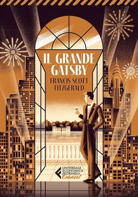 Illustration of a man in a tuxedo overlooking a city skyline, art deco style, with fireworks in the night sky.