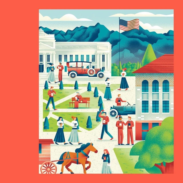 Illustration of people walking and interacting in a town square in front of historical buildings with a vintage car and horse carriage.