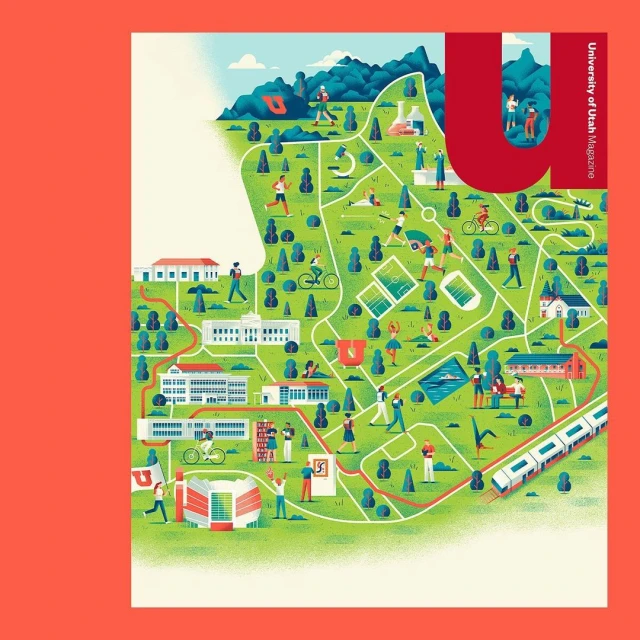 Illustration of the University of Utah campus showing students in various activities, surrounded by trees and buildings, with a large red 'U' symbol.