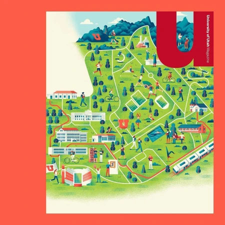 Illustration of the University of Utah campus showing students in various activities, surrounded by trees and buildings, with a large red 'U' symbol.