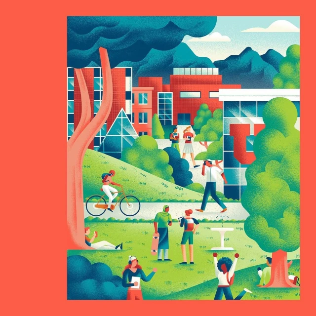 Illustration of students on a college campus with red brick buildings, green lawns, and trees under a partly cloudy sky in daylight.