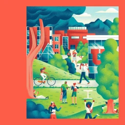 Digital illustration by Daniele Simonelli showing students walking, biking and studying across a campus green.