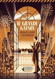 Illustration of a man in a tuxedo holding a glass looking out an arched window at a city skyline with fireworks by Daniele Simonelli