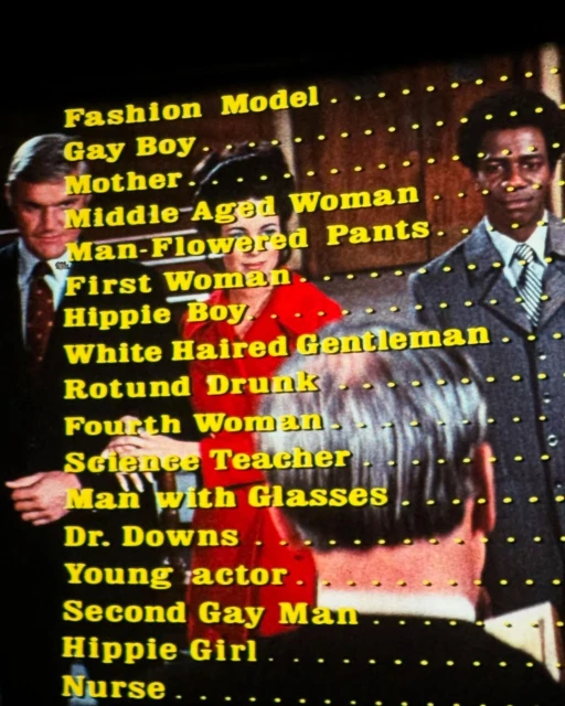 Group of diverse individuals in a staged photo, reminiscent of a casting call with bright yellow text overlaying their images.