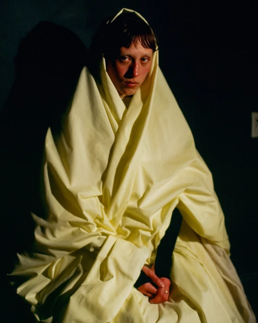 Close-up of androgynous person enveloped in pale yellow cloth, striking intense pose against dark background with shadows. 